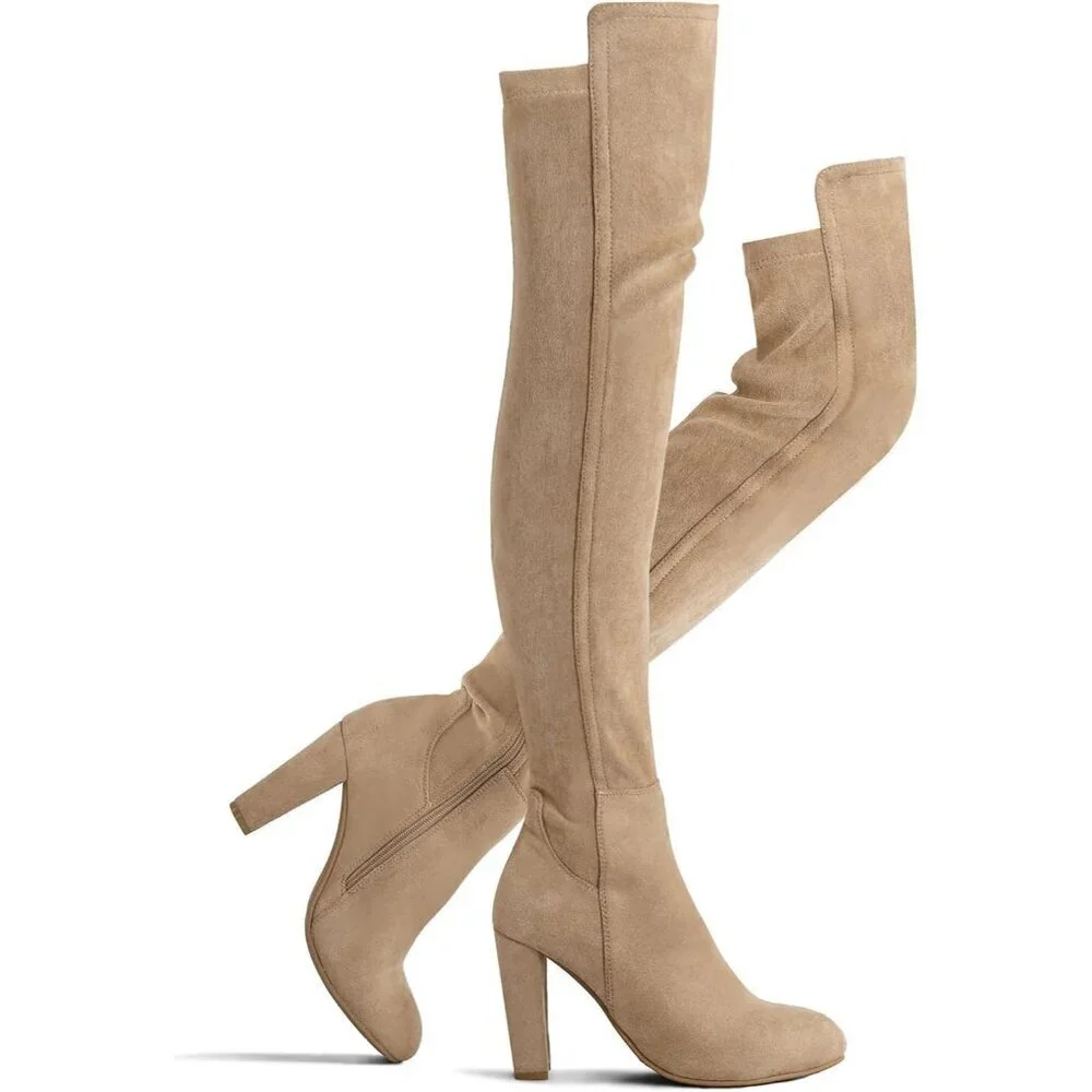 Women Khaki Faux Suede Chunky Heel Stretch Over The Knee Thigh High Long Boot